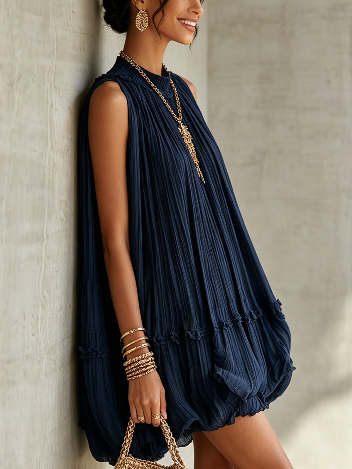 Halter Neck Ruffled Chiffon Bubble Mini Dress