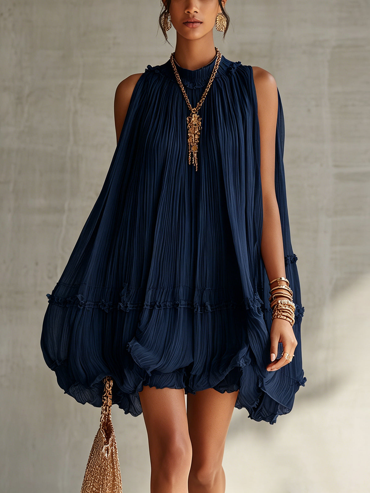 Halter Neck Ruffled Chiffon Bubble Mini Dress
