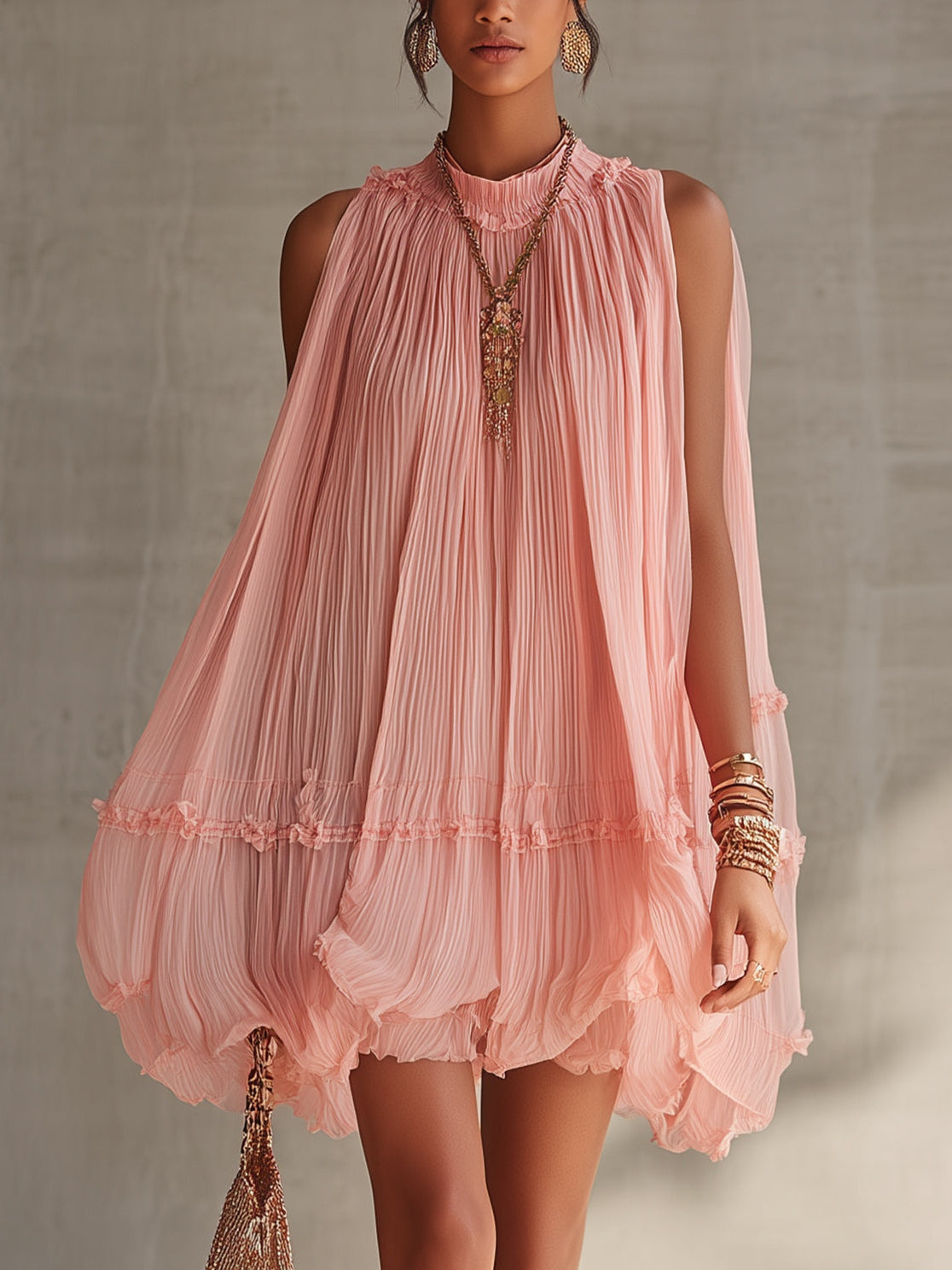 Halter Neck Ruffled Chiffon Bubble Mini Dress