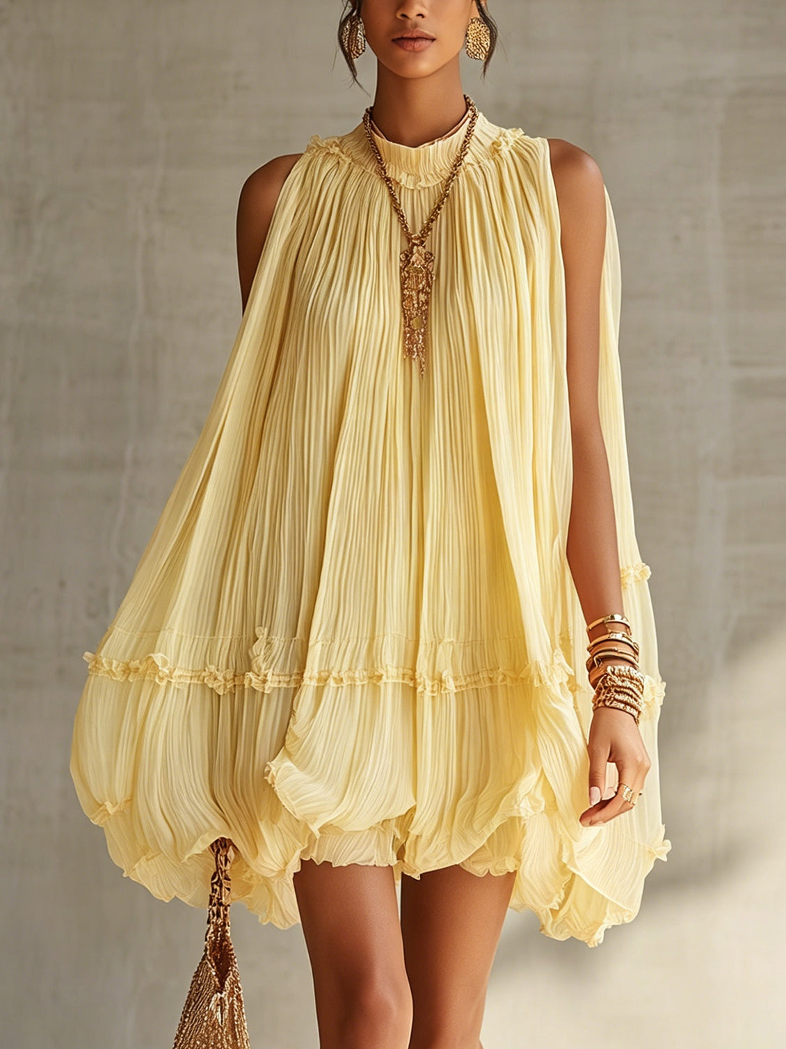 Halter Neck Ruffled Chiffon Bubble Mini Dress