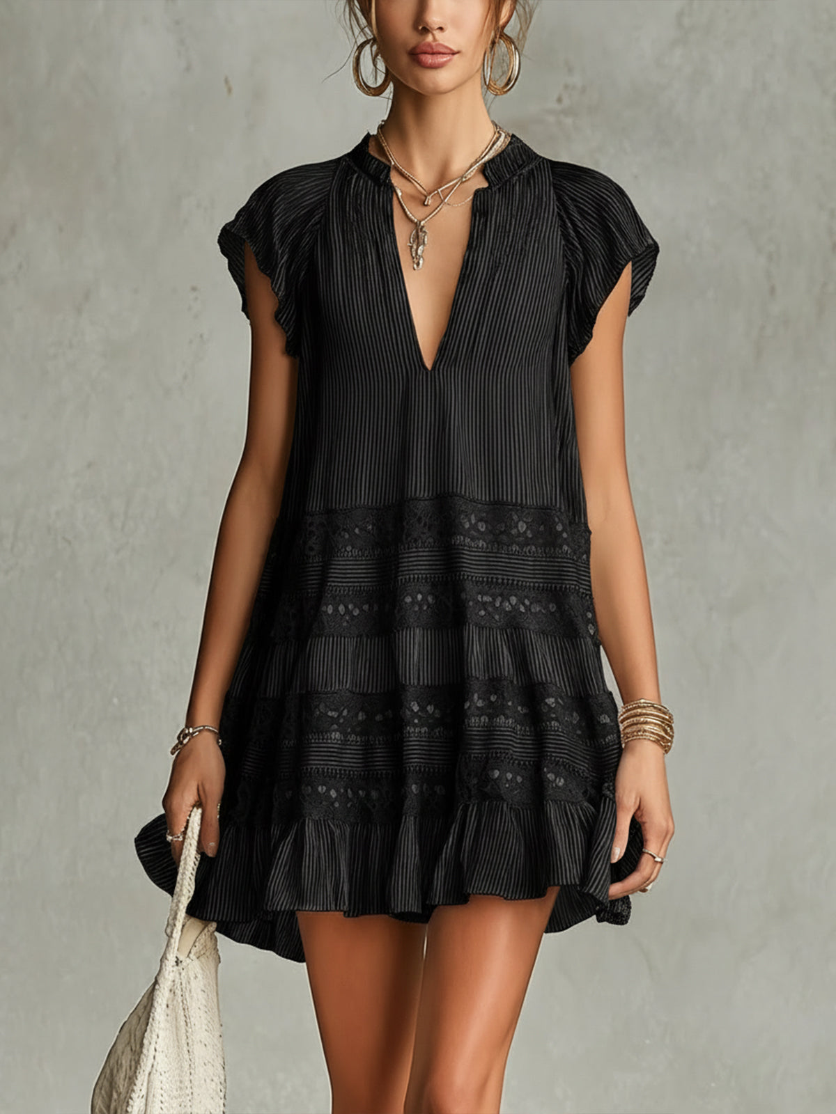 Striped Lace Ruffle Mini Dress