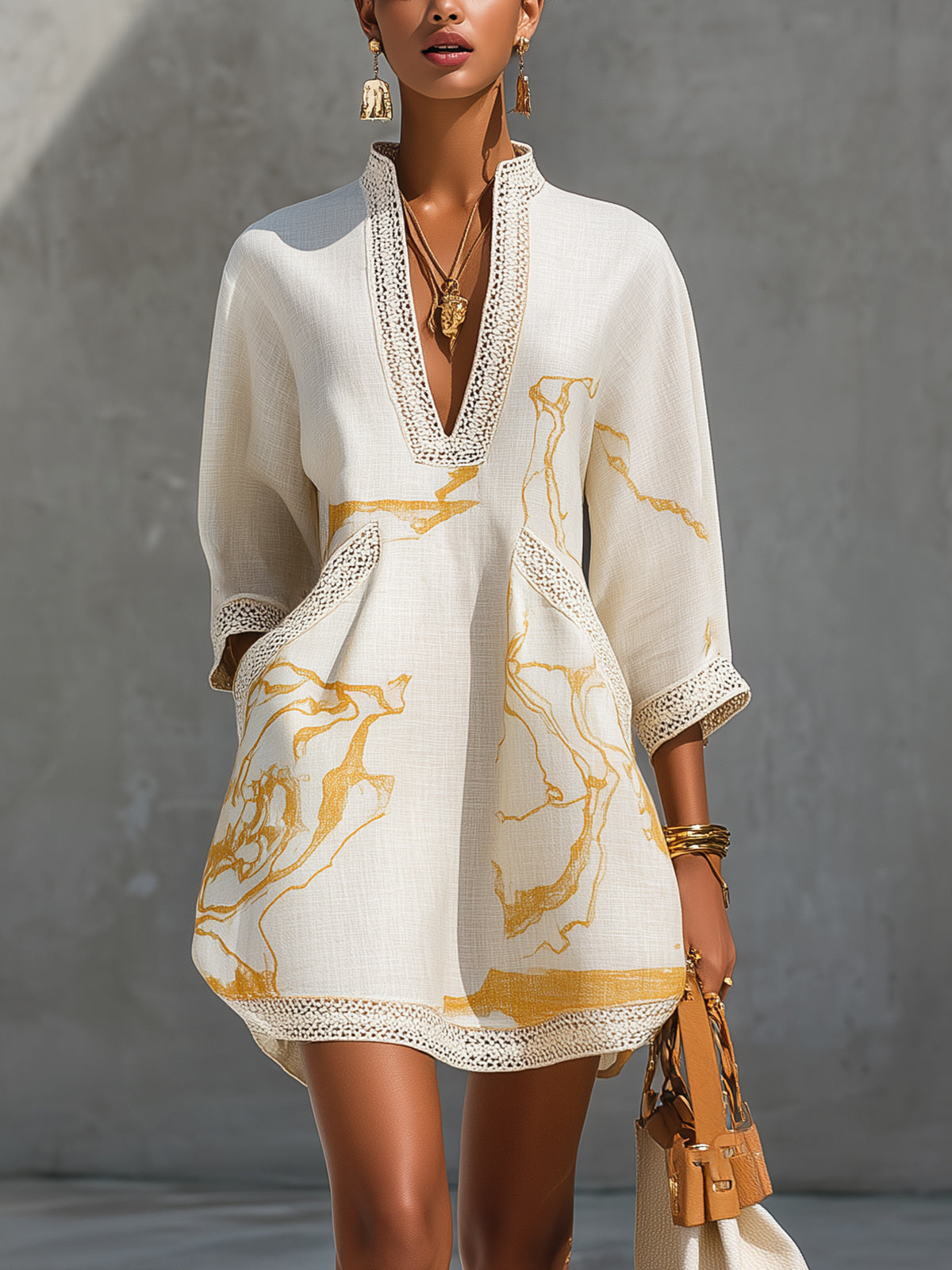 Printed Crochet Lace Mini Dress