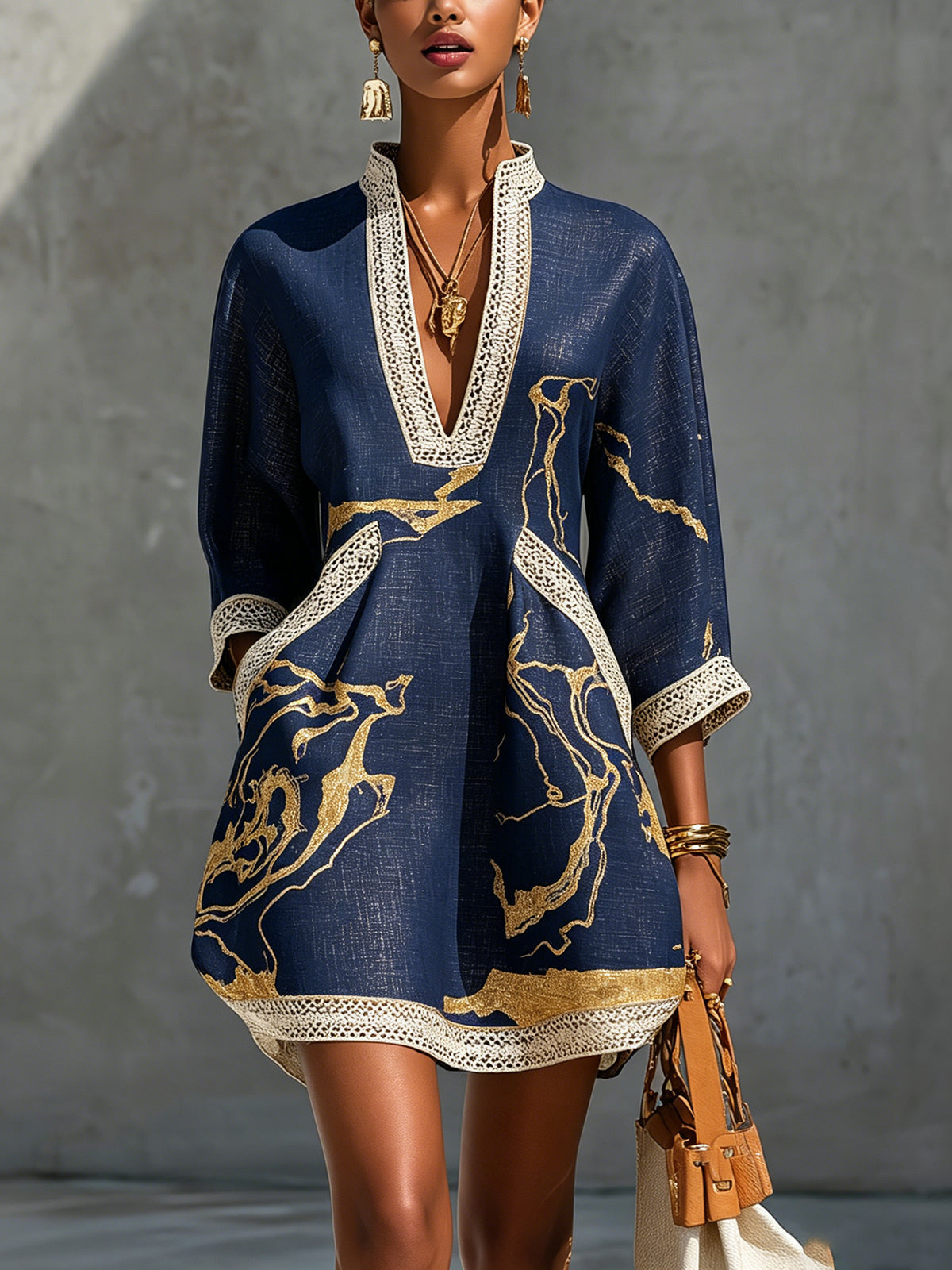 Printed Crochet Lace Mini Dress