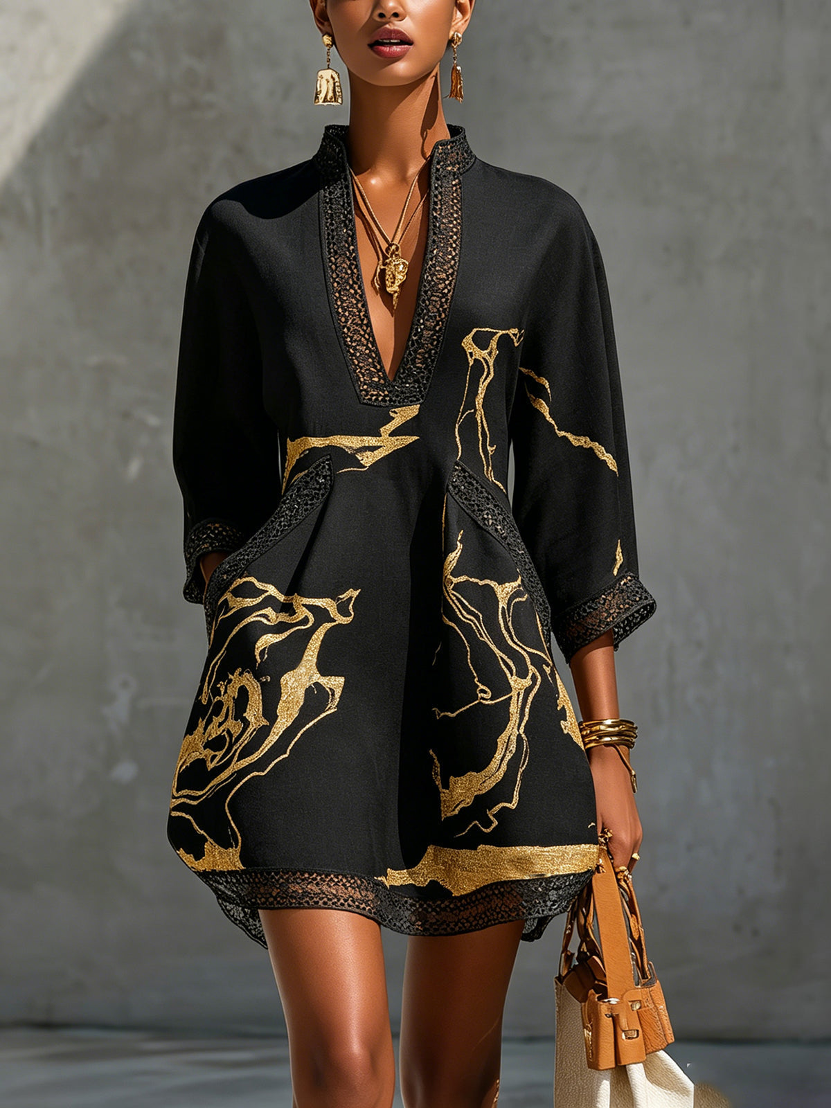 Printed Crochet Lace Mini Dress