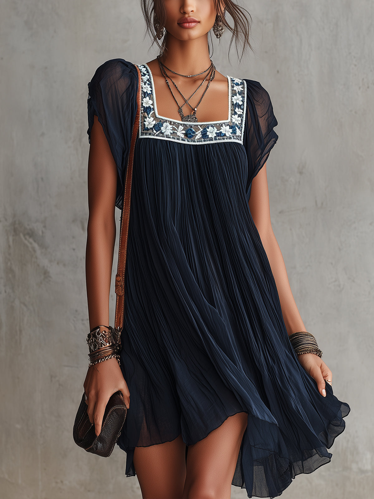Floral Embroidered Chiffon Mini Dress