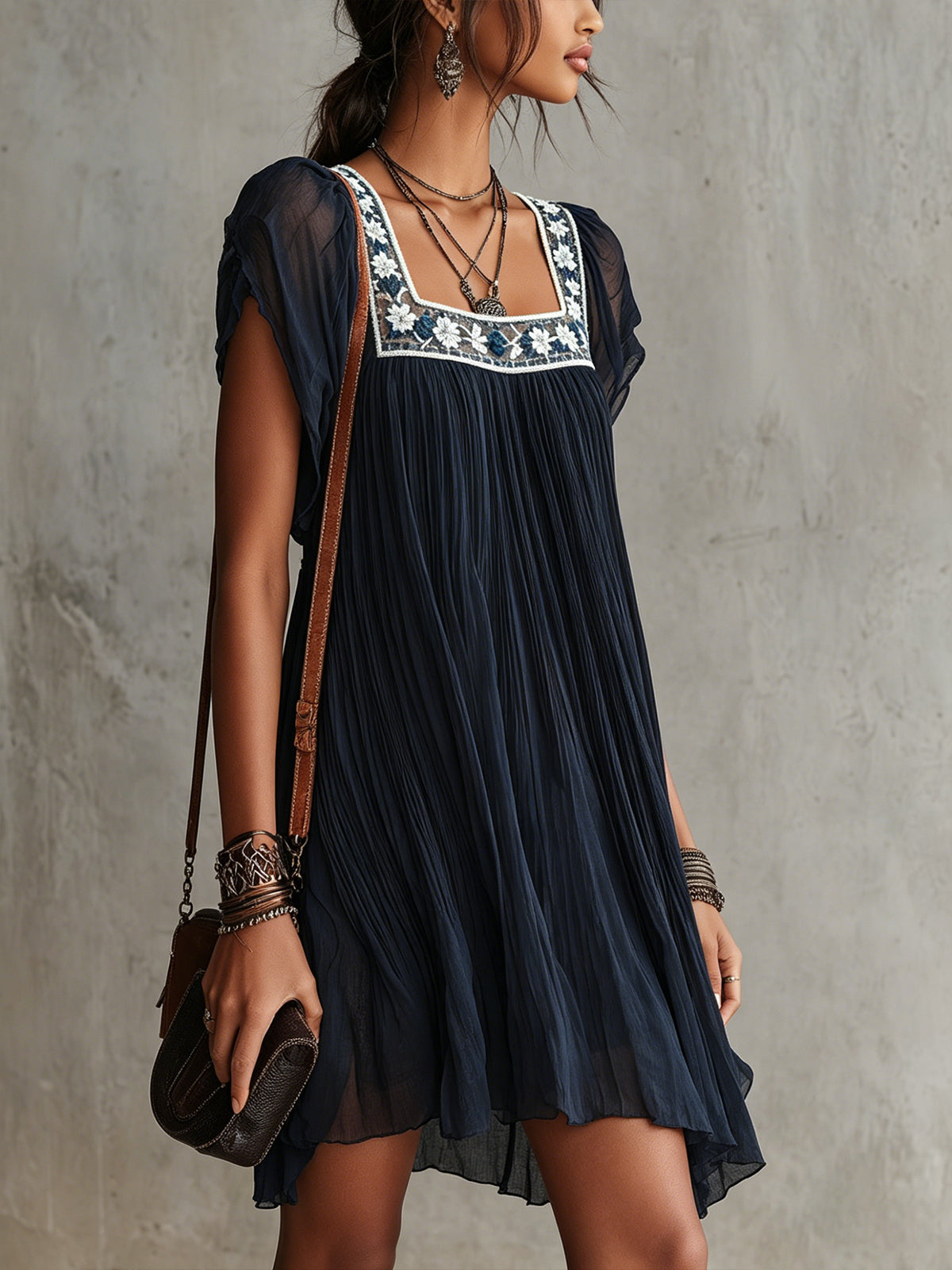 Floral Embroidered Chiffon Mini Dress