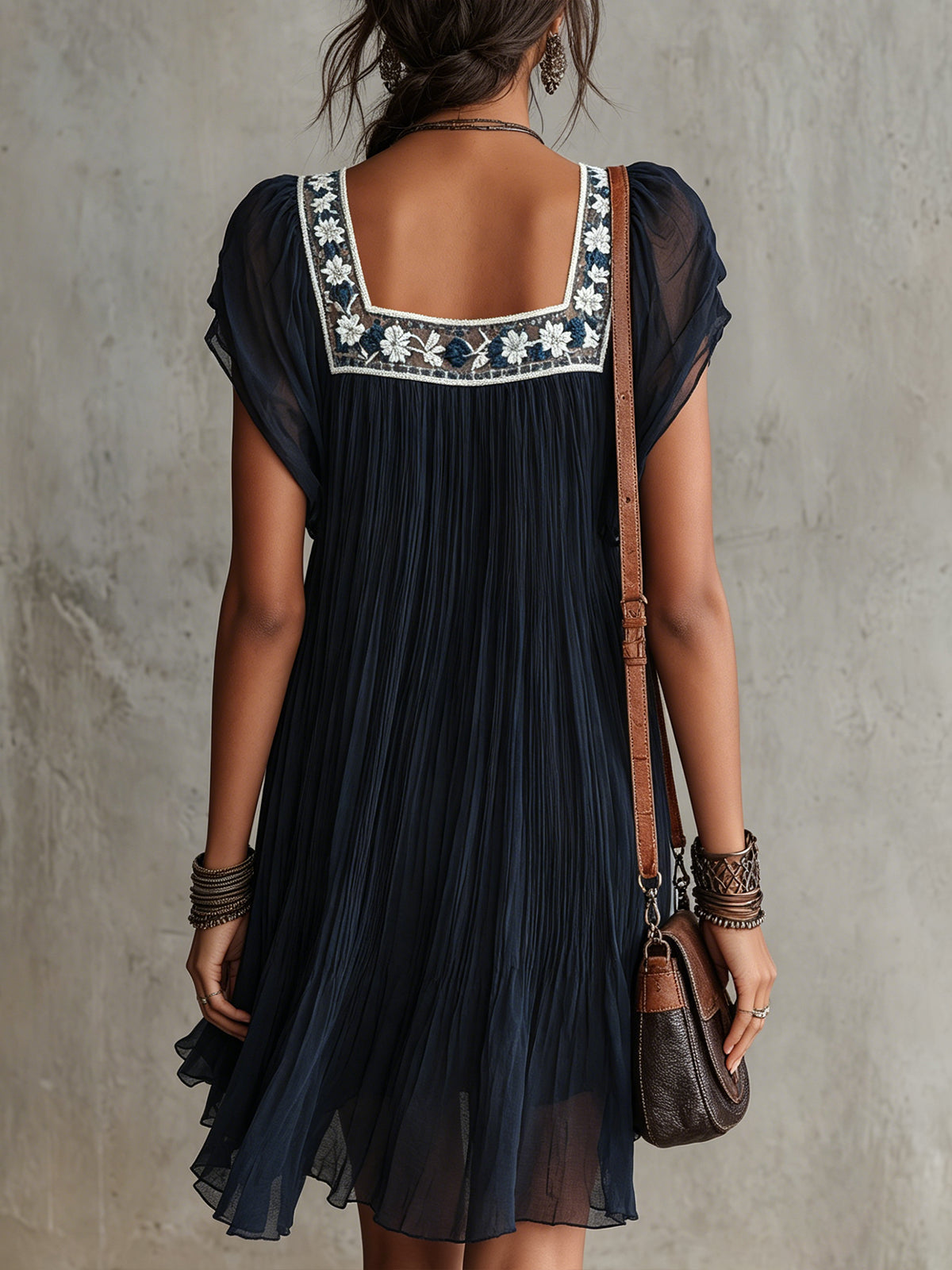 Floral Embroidered Chiffon Mini Dress