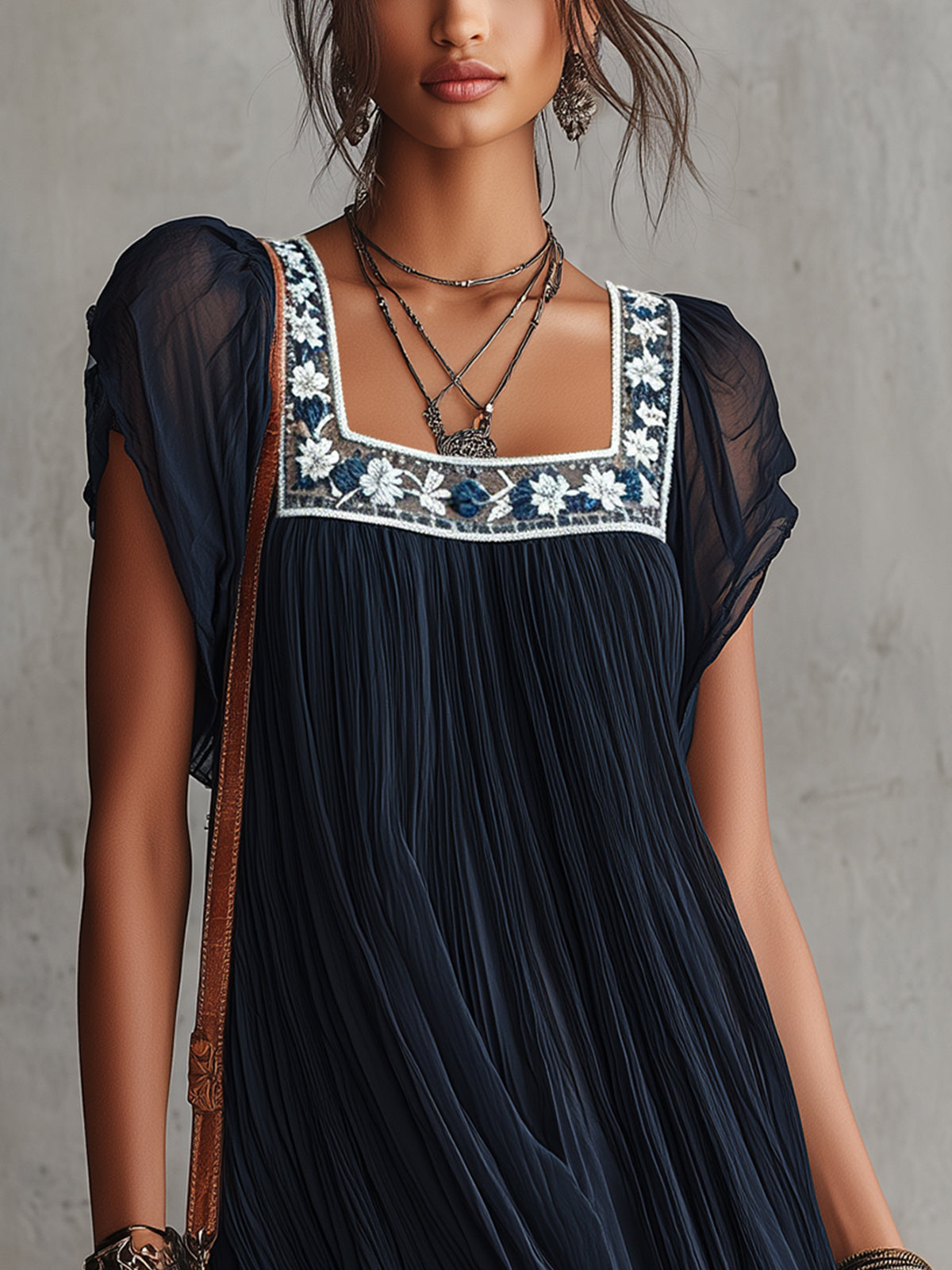 Floral Embroidered Chiffon Mini Dress