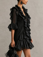 Ruffled Chiffon Lace Mini Dress