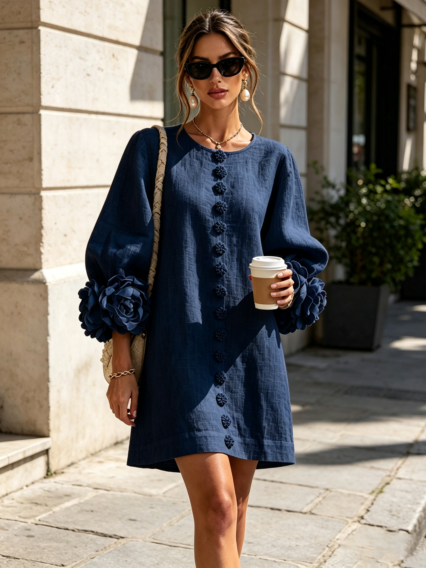 Floral Cuff Button Mini Dress