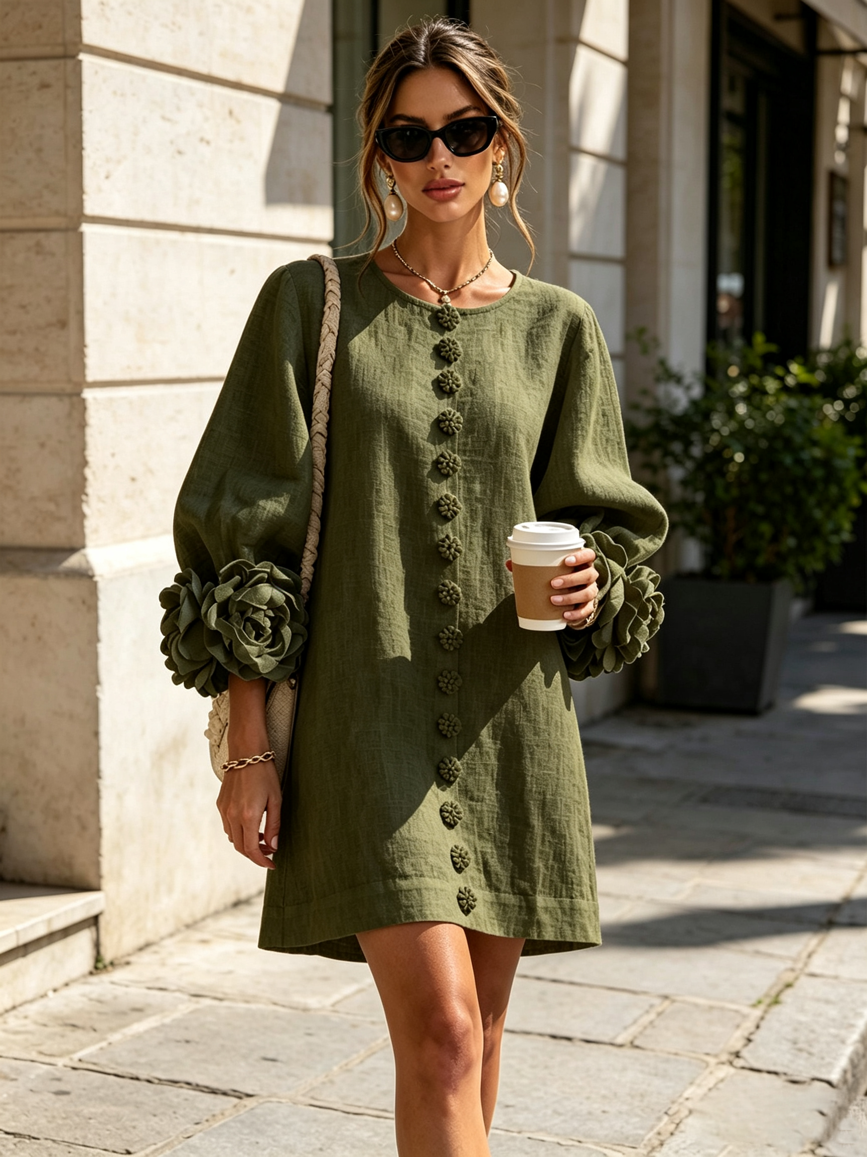 Floral Cuff Button Mini Dress