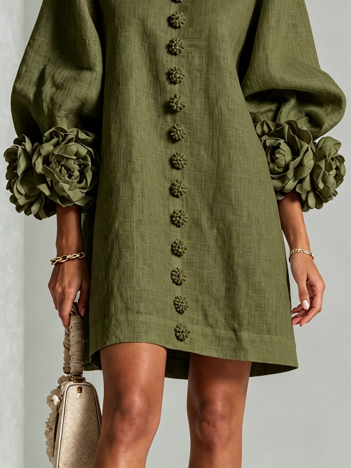 Floral Cuff Button Mini Dress