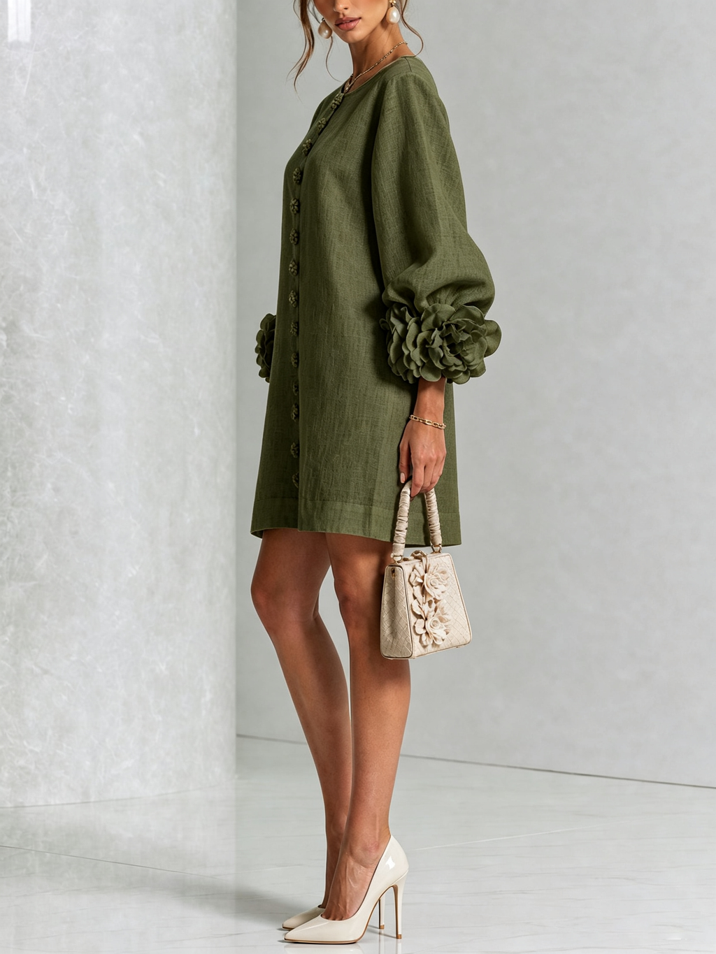 Floral Cuff Button Mini Dress