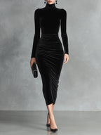 Black Velvet Elegant High-Neck Bodycon Dress
