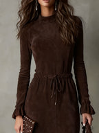 Elegant Dark Brown Suede Drawstring Irregular Midi Dress