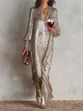 Minimalist Loose Shimmering V-neck Maxi Party Dress