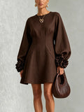 Chocolate Brown Belted A-line Mini Dress Featuring Striking Floral Cuffs