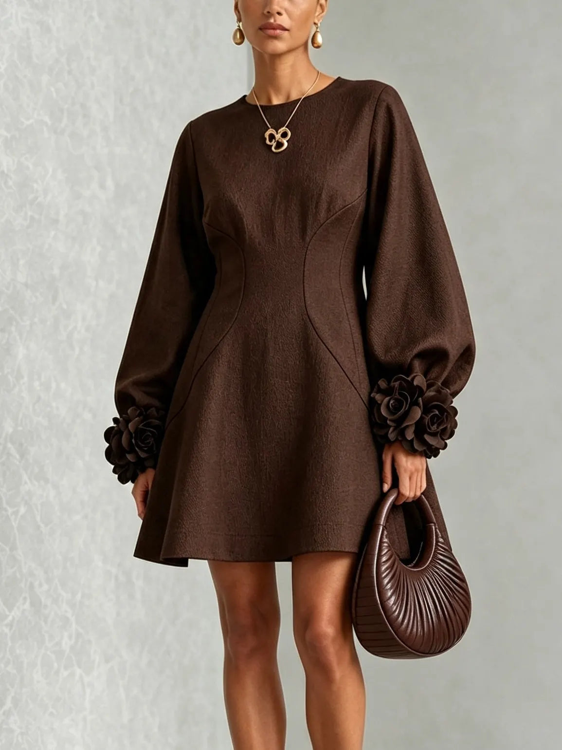 Chocolate Brown Belted A-line Mini Dress Featuring Striking Floral Cuffs