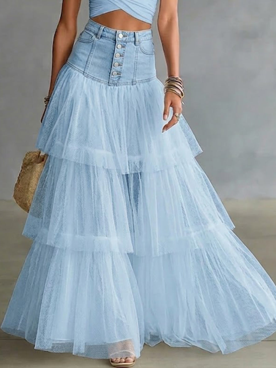 Stylish Casual Spliced Mesh Denim Skirt