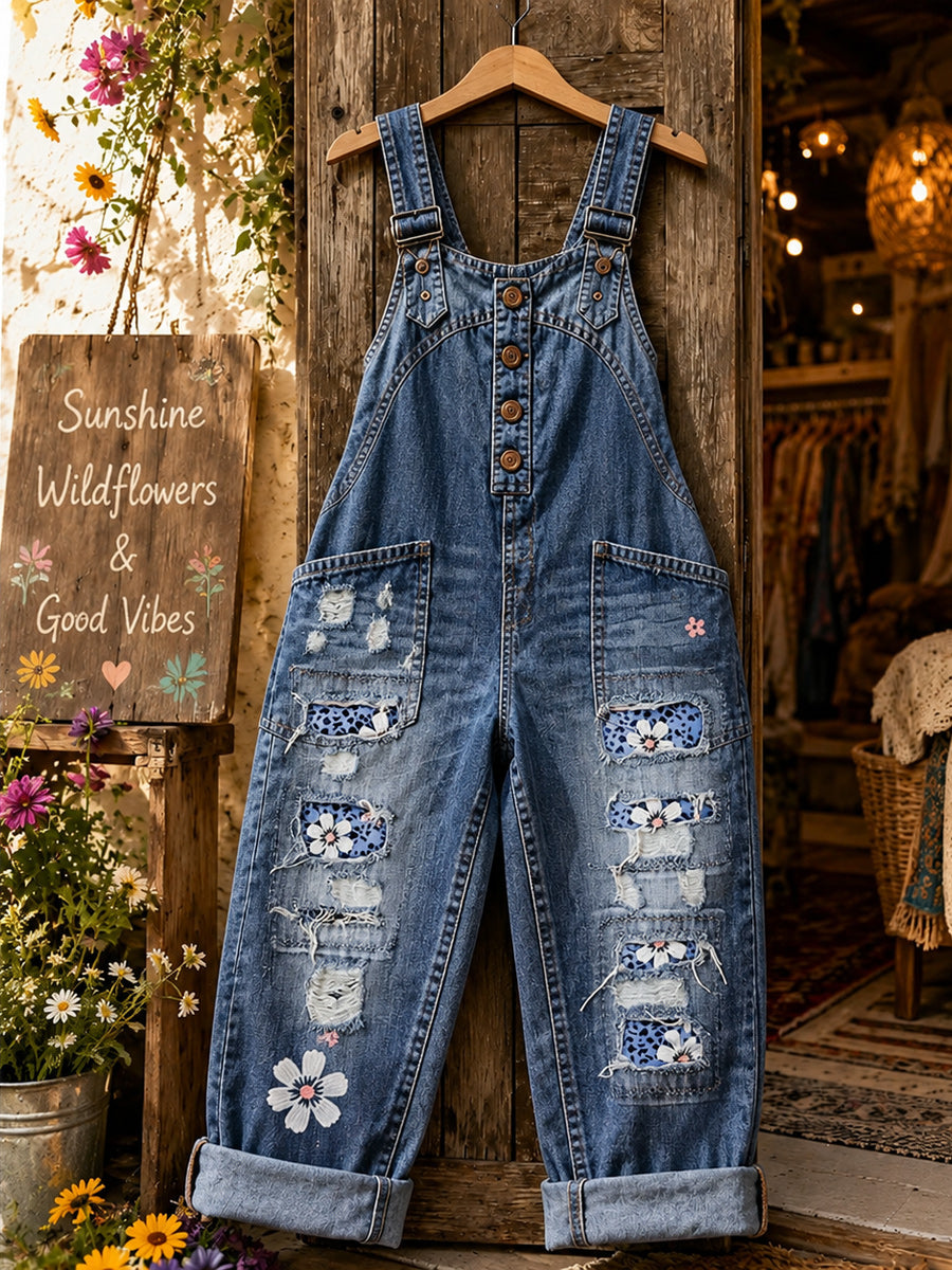 Women's Retro Style Art Print Washed Cotton Denim Patchwork Jumpsuit