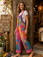 Women's Retro Art Print Denim Patchwork Jumpsuit