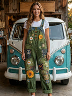 Women's Retro Style Art Print Washed Cotton Denim Patchwork Jumpsuit