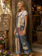Women's Retro Style Art Print Denim Patchwork Jumpsuit