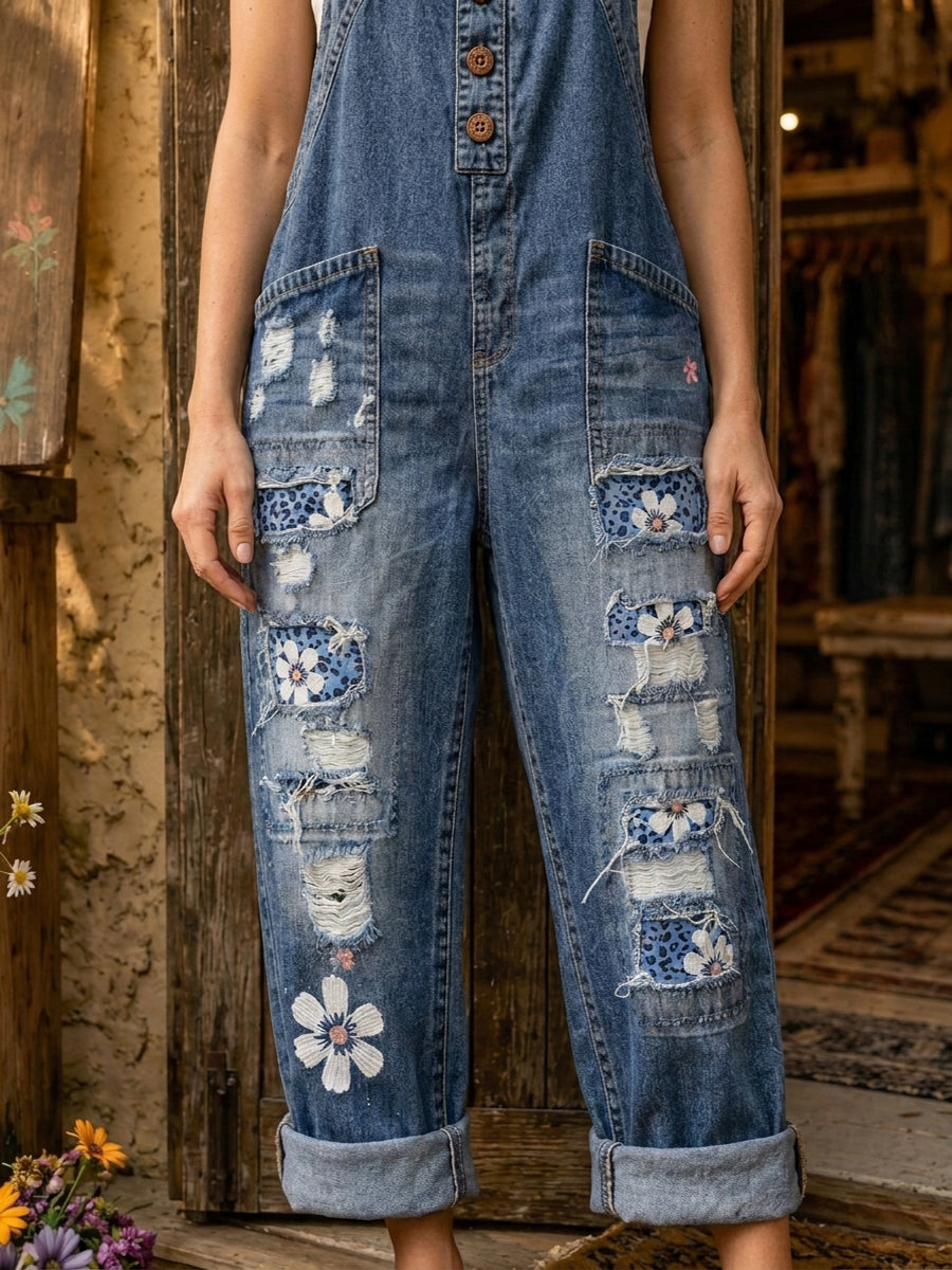 Women's Retro Style Art Print Washed Cotton Denim Patchwork Jumpsuit