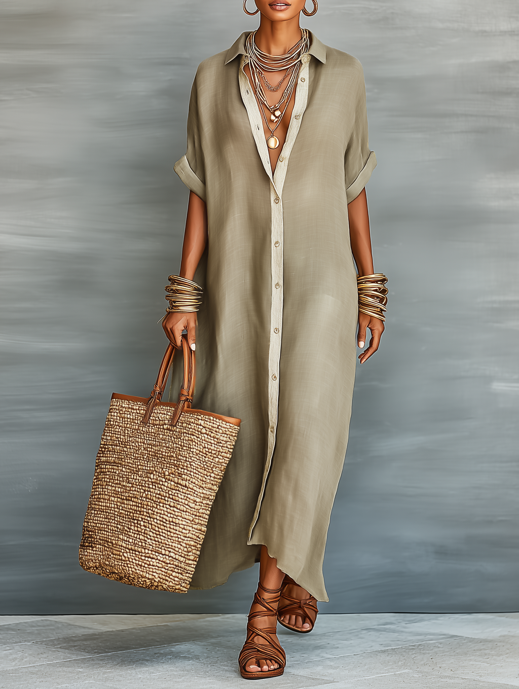 Linen-Blend Short-Sleeve Shirt Maxi Dress