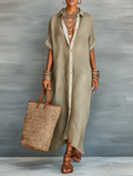 Linen-Blend Short-Sleeve Shirt Maxi Dress