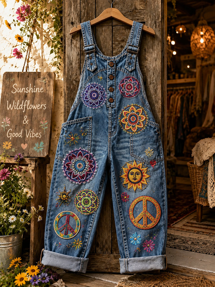 Women's Retro Style Art Print Washed Cotton Denim Patchwork Jumpsuit
