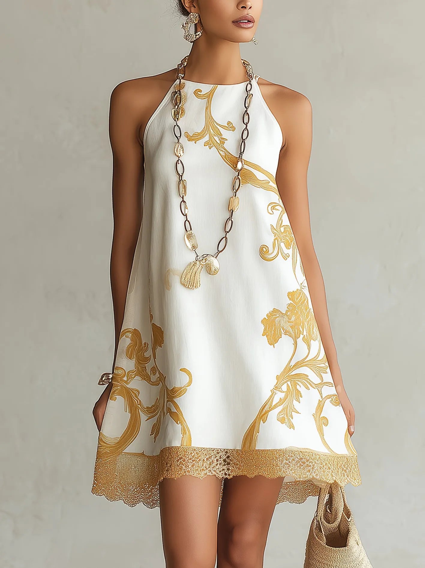 White Gold Printed Lace Trim Mini Dress