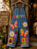 Women's Retro Art Print Denim Patchwork Jumpsuit