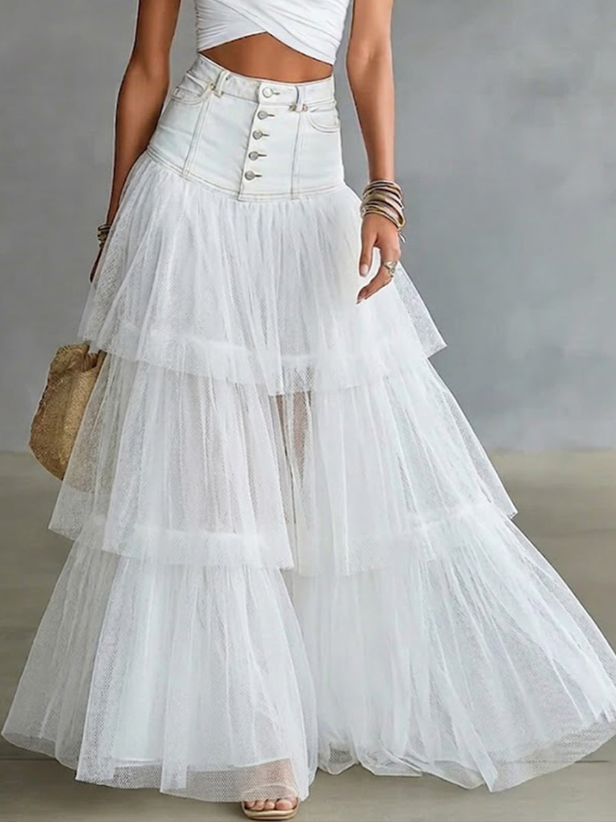 Stylish Casual Spliced Mesh Denim Skirt