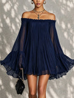 Navy Off-shoulder Ruffled Bell Sleeve Mini Dress