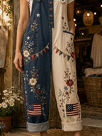 Women's Retro Style Art Print Denim Patchwork Jumpsuit