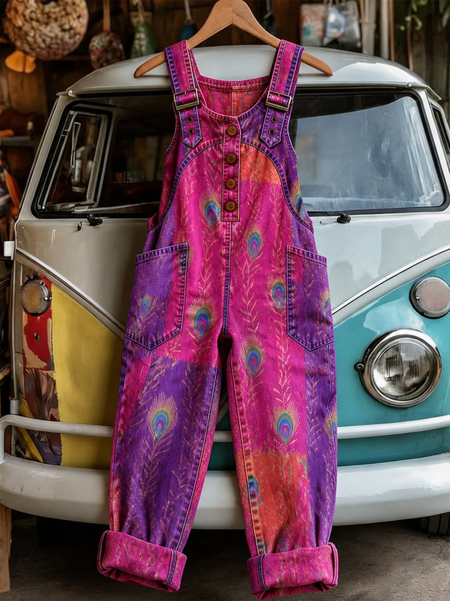 Women's Retro Style Art Print Washed Cotton Denim Patchwork Jumpsuit