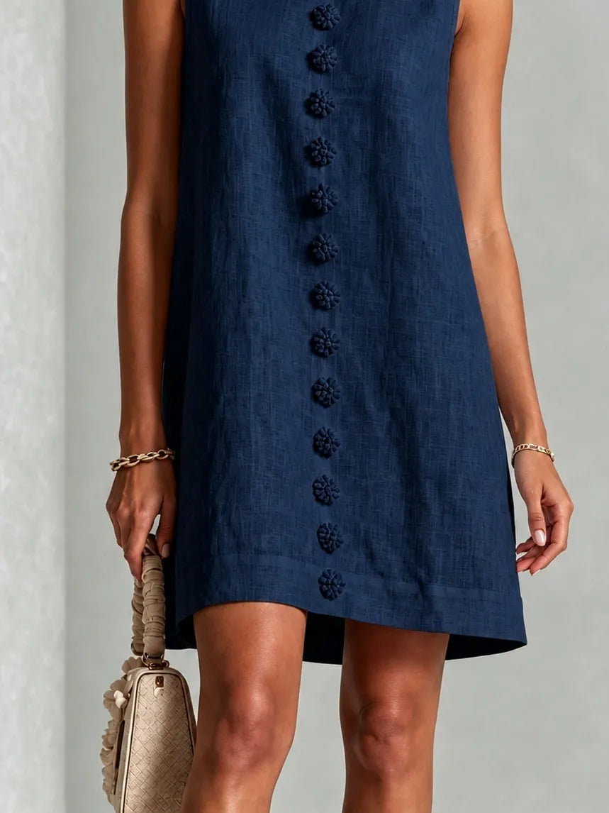 Navy Sleeveless Floral Button-front Mini Dress