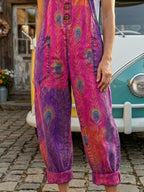 Women's Retro Style Art Print Washed Cotton Denim Patchwork Jumpsuit