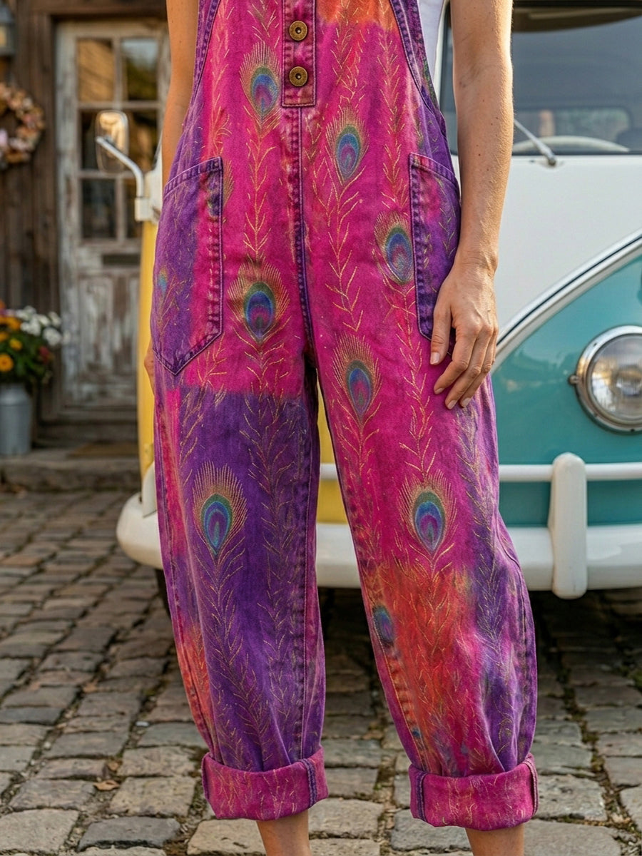 Women's Retro Style Art Print Washed Cotton Denim Patchwork Jumpsuit