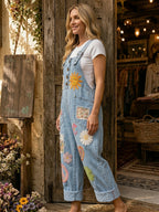 Women's Retro Style Art Print Washed Cotton Denim Patchwork Jumpsuit
