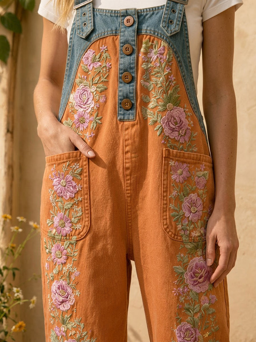 Women's Retro Style Art Print Washed Cotton Denim Patchwork Jumpsuit