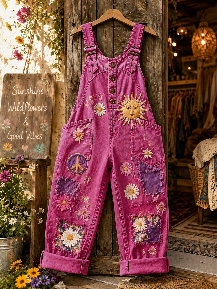 Women's Retro Style Art Print Washed Cotton Denim Patchwork Jumpsuit