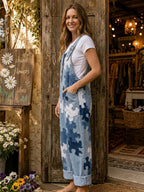Women's Retro Style Art Print Washed Cotton Denim Patchwork Jumpsuit