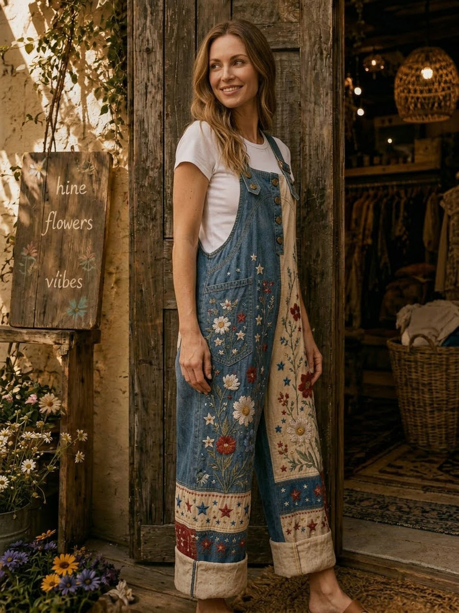 Women's Retro Style Art Print Denim Patchwork Jumpsuit