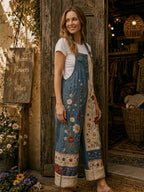 Women's Retro Style Art Print Denim Patchwork Jumpsuit