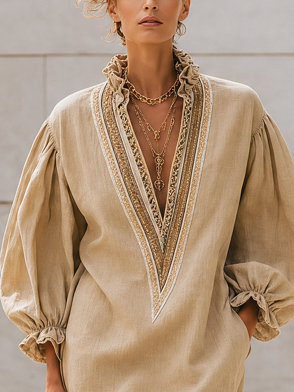 Beige Linen Deep V-Neck Loose Mini Dress