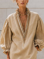 Beige Linen Deep V-Neck Loose Mini Dress
