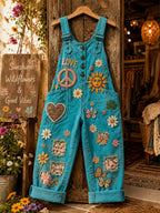 Women's Retro Style Art Print Washed Cotton Denim Patchwork Jumpsuit
