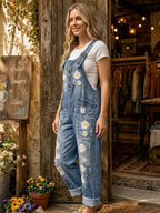 Women's Retro Style Art Print Washed Cotton Denim Patchwork Jumpsuit